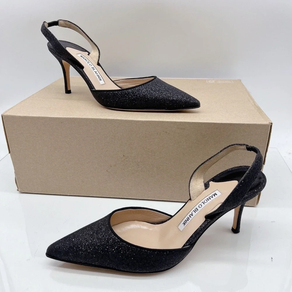 Manolo Blahnik Carolyne Low Heel Women's Slingback Pumps Black Glitter EU 36.5